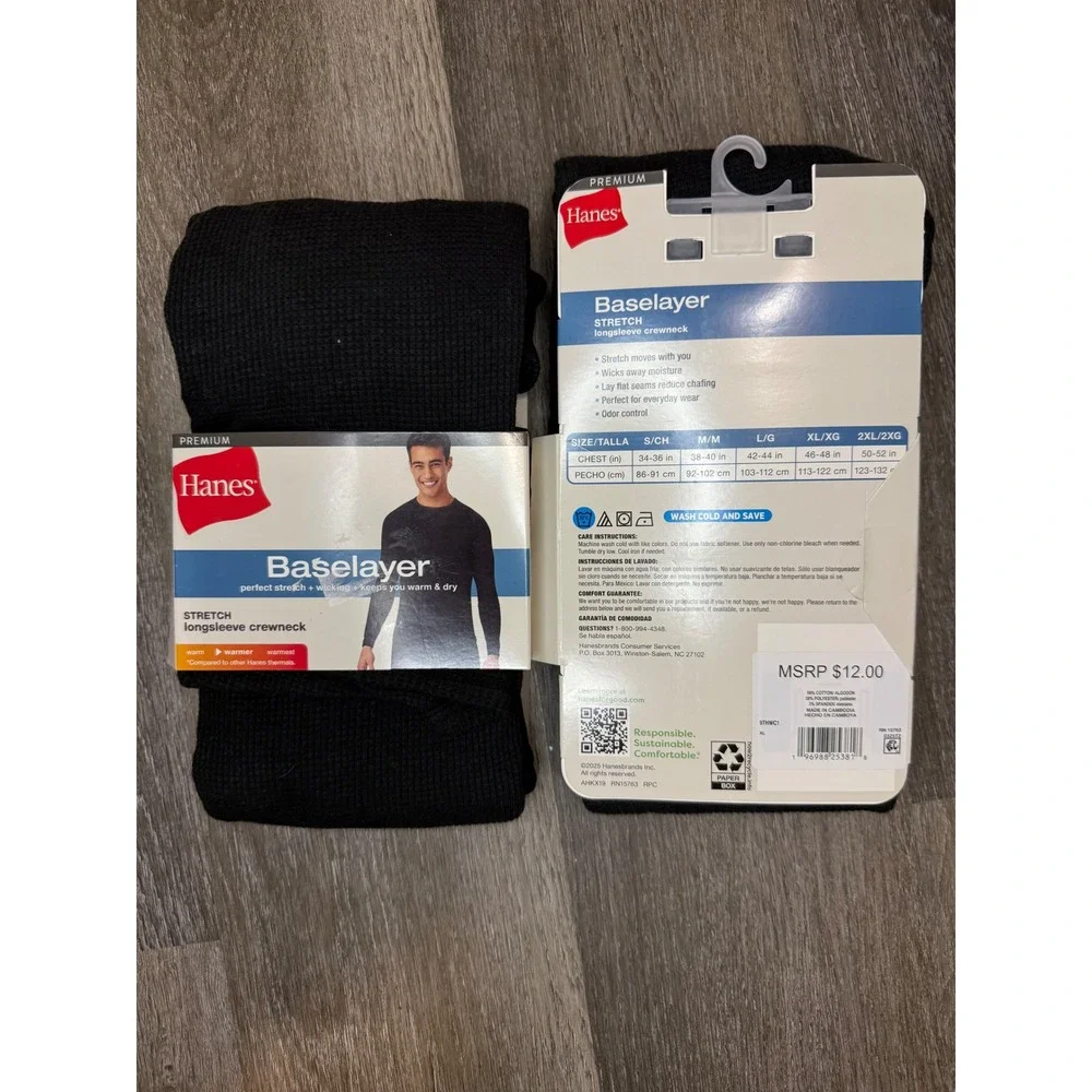 Hanes Premium Mens‎ Baselayer Set of 2 Black Waffle Long Sleeve Crewneck XL New